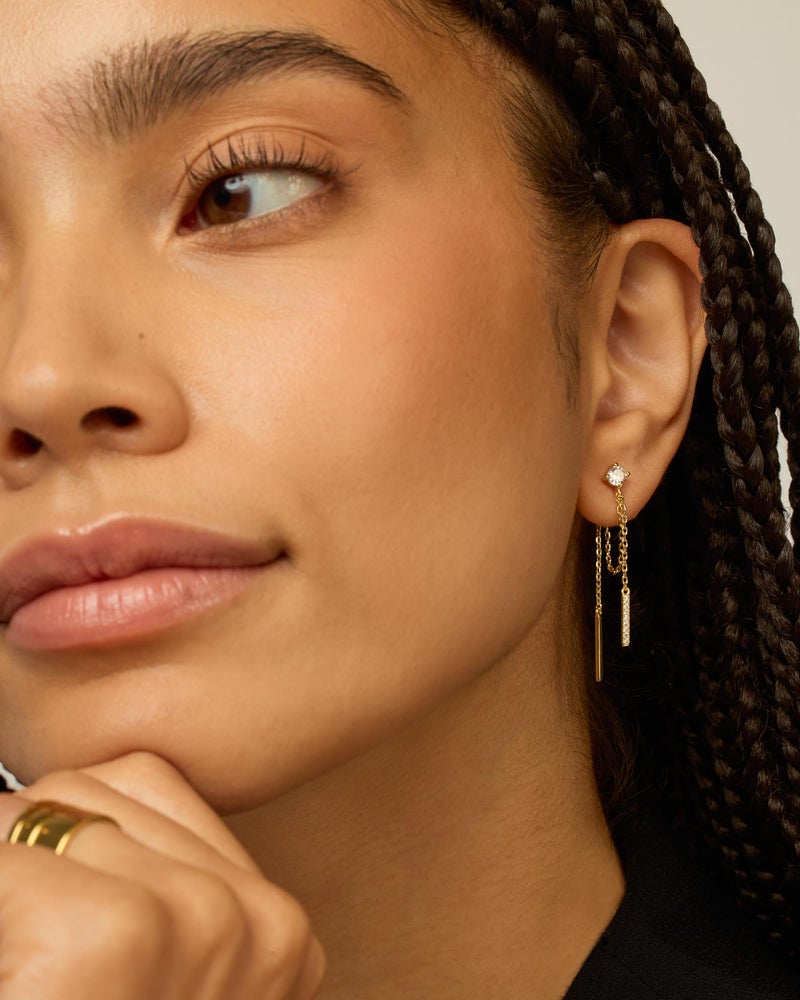 PAVOI 18K Yellow Gold Plated 925 Sterling Silver Posts Drop Dangle Chain Earrings for Women | Dangling Chain Studs | Cubic Zirconia Ball Threader Earscapes Earrings - Image 2