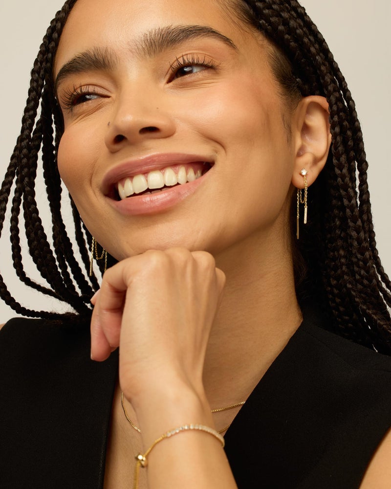 PAVOI 18K Yellow Gold Plated 925 Sterling Silver Posts Drop Dangle Chain Earrings for Women | Dangling Chain Studs | Cubic Zirconia Ball Threader Earscapes Earrings - Image 4