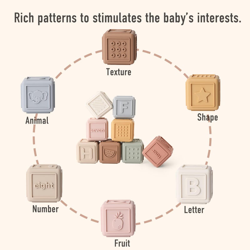 YIVEKO Baby Blocks Toys التراص للأطفال من السيليكون الناعم لبنات البناء وألعاب التسنين ألعاب مونتيسوري للأطفال ألعاب تعليمية للأطفال الصغار 8 قطع-لطيفة - Image 3