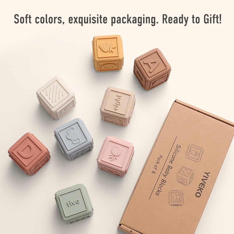YIVEKO Baby Blocks Toys التراص للأطفال من السيليكون الناعم لبنات البناء وألعاب التسنين ألعاب مونتيسوري للأطفال ألعاب تعليمية للأطفال الصغار 8 قطع-لطيفة - Image 4