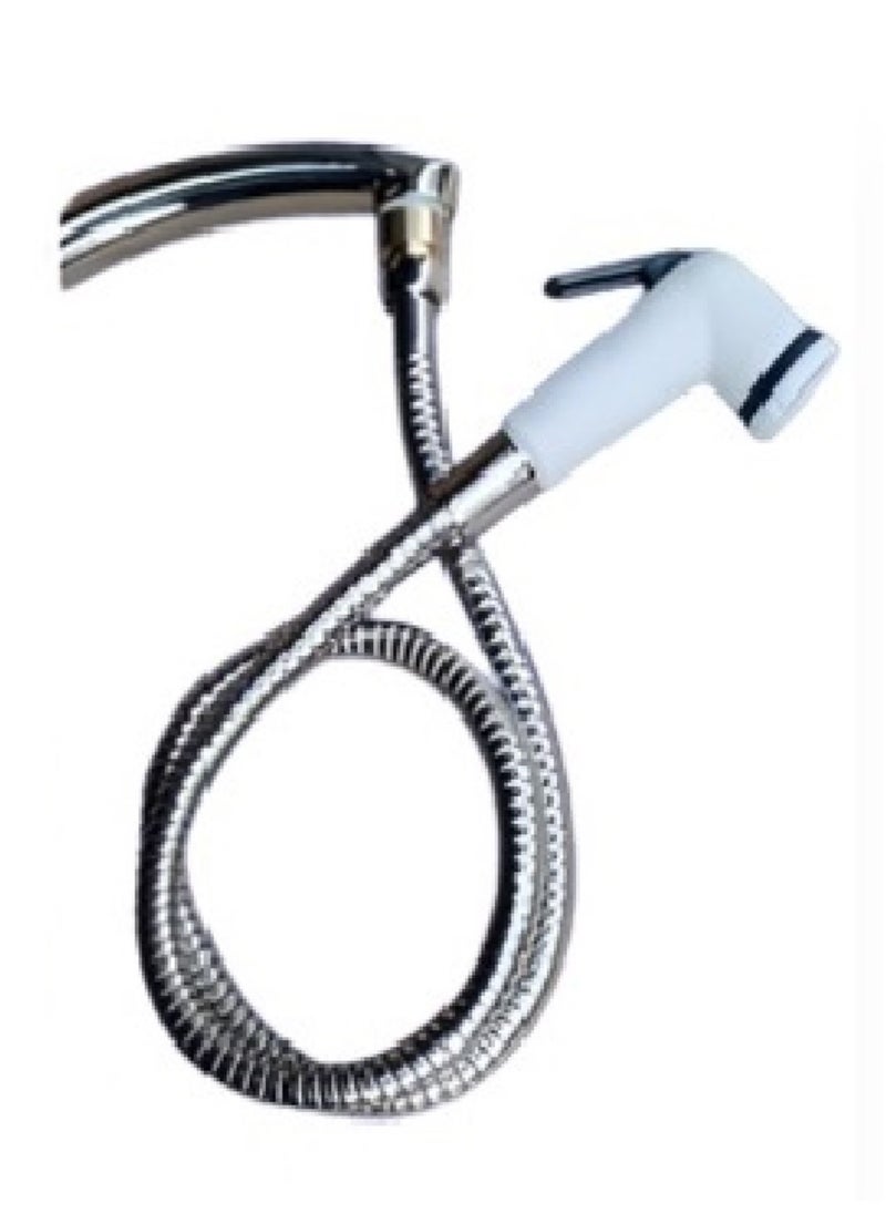 A shattaf with a zigzag hose and a shattaf with a nickel hose (a travel shattaf set) consisting of a zigzag hose, pliers, two shattaf handles, an adapter, rubber, Teflon, a nickel hose, and a brass adapter nut.