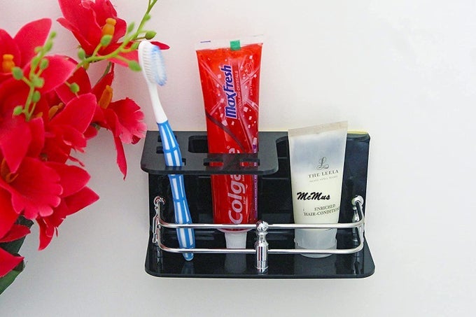 EASY STICK ON SELF ADHESIVE WALL MOUNT ACRYLIC AND STAINLESS STEEL TOOTHBRUSH HOLDERSTANDTUMBLERTOOTHPASTE HOLDER FOR BATHROOM STAND ORGANIZER RACK FOR HOME BLACK
