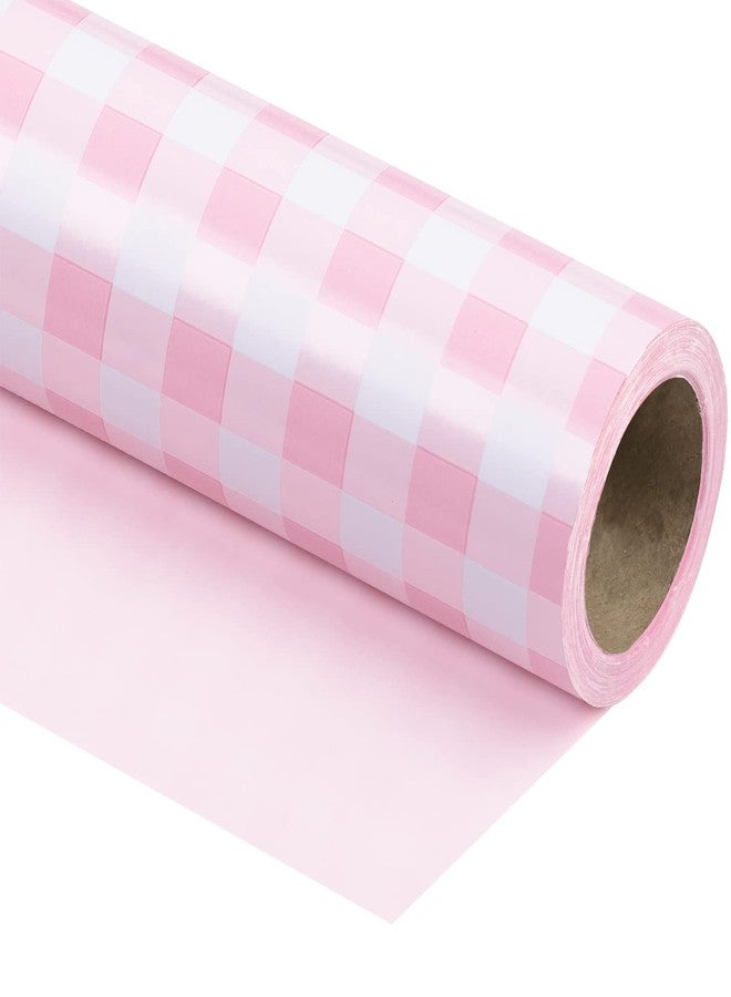 WRAPAHOLIC Reversible Wrapping Paper - Mini Roll - 17 Inch X 33 Feet - Pink and White Plaid Design for Birthday, Holiday, Wedding, Baby Shower - Image 1
