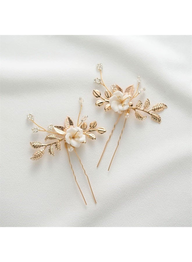 SWEETV 2Pcs Bridal Hair Accessories,Gold Wedding Hair Pins Pieces With White Flowers for Brides - Image 1