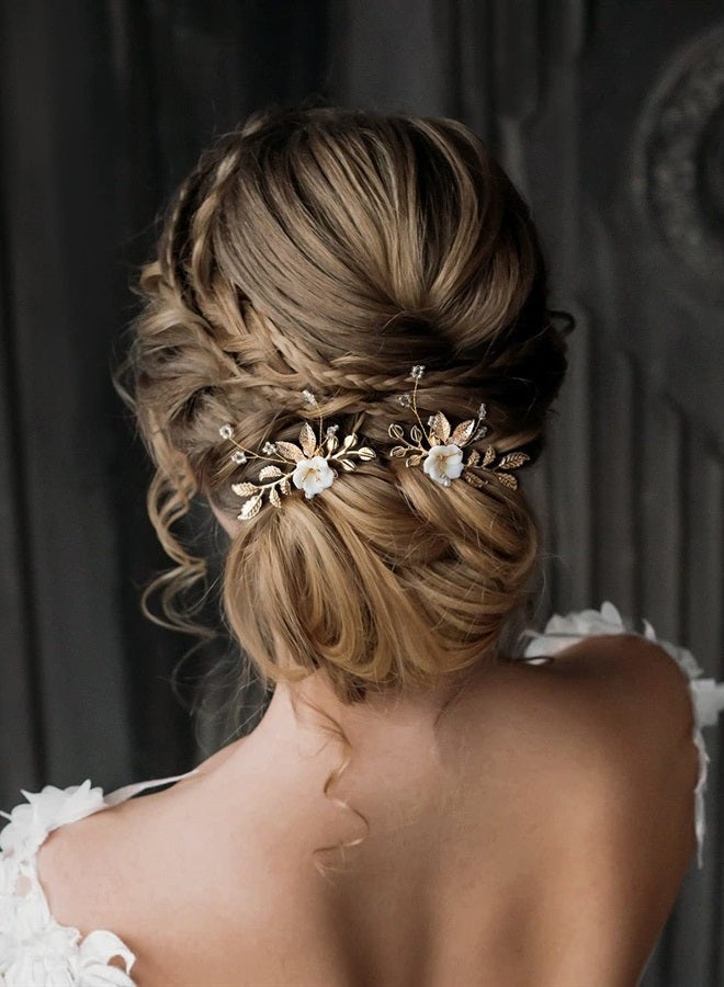 SWEETV 2Pcs Bridal Hair Accessories,Gold Wedding Hair Pins Pieces With White Flowers for Brides - Image 2