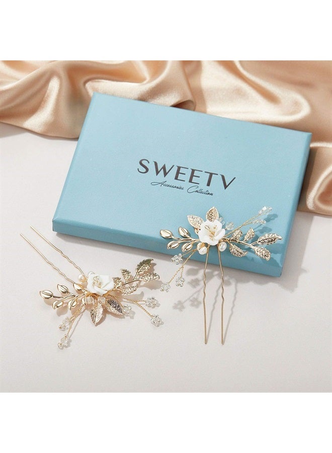 SWEETV 2Pcs Bridal Hair Accessories,Gold Wedding Hair Pins Pieces With White Flowers for Brides - Image 5