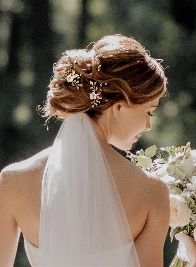 SWEETV 2Pcs Bridal Hair Accessories,Gold Wedding Hair Pins Pieces With White Flowers for Brides - Image 3