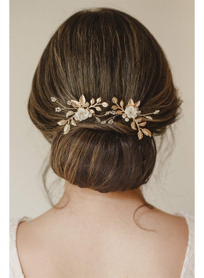 SWEETV 2Pcs Bridal Hair Accessories,Gold Wedding Hair Pins Pieces With White Flowers for Brides - Image 4