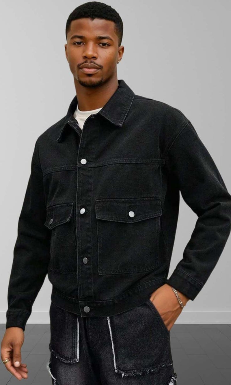 KOTTY Mens Solid Collared Raisin Black Full Sleeve Denim Jacket (Black,2XL)-KTTFKMENSDENIMJACKET170XXL - Image 5