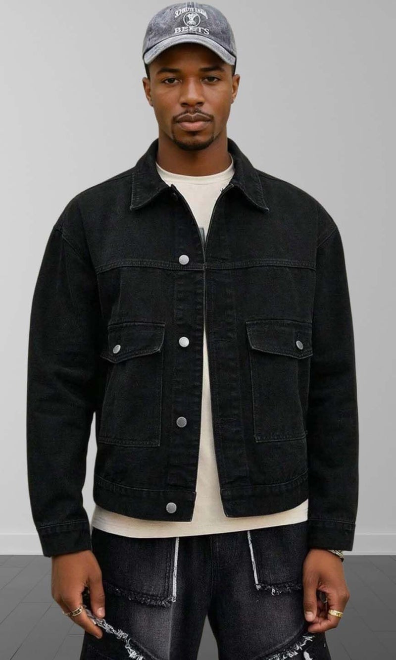 KOTTY Mens Solid Collared Raisin Black Full Sleeve Denim Jacket (Black,2XL)-KTTFKMENSDENIMJACKET170XXL - Image 2
