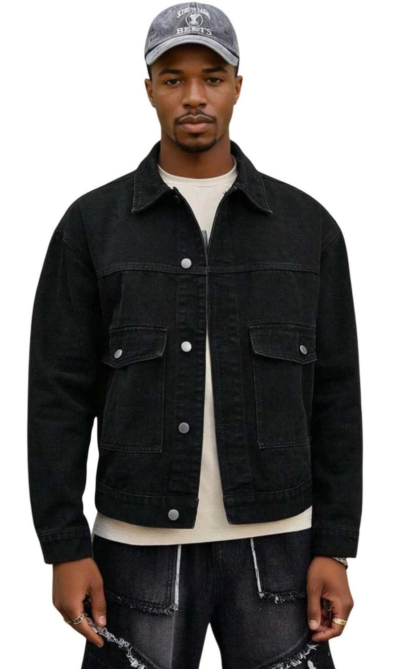 KOTTY Mens Solid Collared Raisin Black Full Sleeve Denim Jacket (Black,2XL)-KTTFKMENSDENIMJACKET170XXL - Image 1
