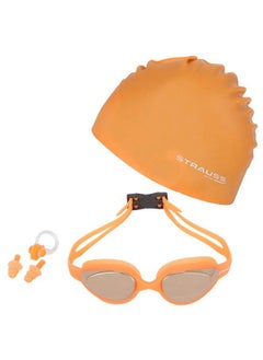 STRAUSS Swimming Goggles Set With Uv And Anti Fog Protection ; Swimming Kit Of Gogglescapearplug & Nose Plug Set Ideal For All Age Group ; Fully Adjustable ; (Orange)  - Image 1