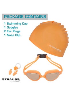STRAUSS Swimming Goggles Set With Uv And Anti Fog Protection ; Swimming Kit Of Gogglescapearplug & Nose Plug Set Ideal For All Age Group ; Fully Adjustable ; (Orange)  - Image 4