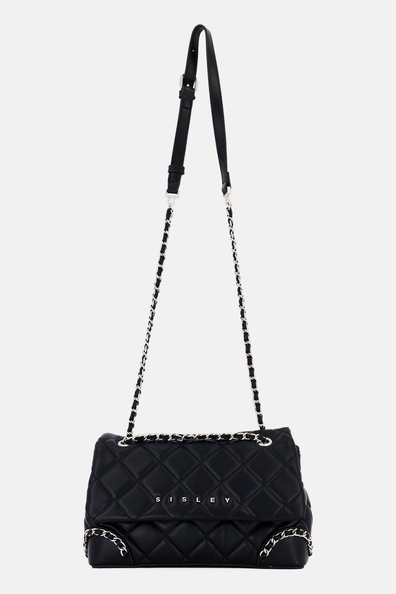 SISLEY Women Brand Logo Quilted Shoulder Bag, Black - Image 1