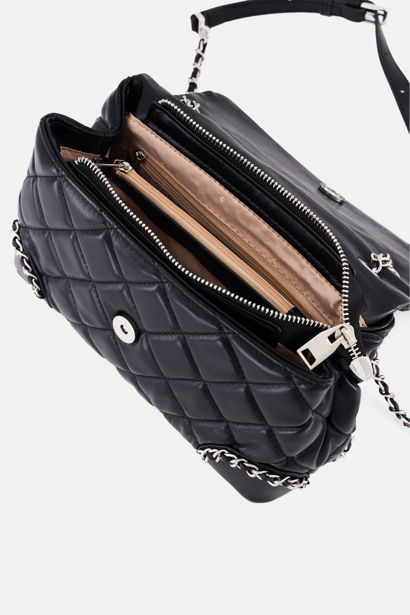 SISLEY Women Brand Logo Quilted Shoulder Bag, Black - Image 3