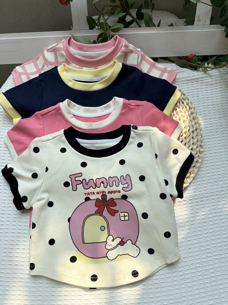 Cartoon Foreign Style Cute Girl Baby Cute Polka Dot Plaid Contrast Stitching Short-Sleeved T-Shirt Top - Image 4