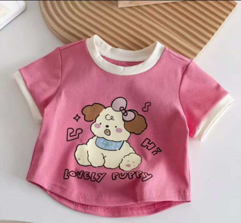 Cartoon Foreign Style Cute Girl Baby Cute Polka Dot Plaid Contrast Stitching Short-Sleeved T-Shirt Top - Image 1