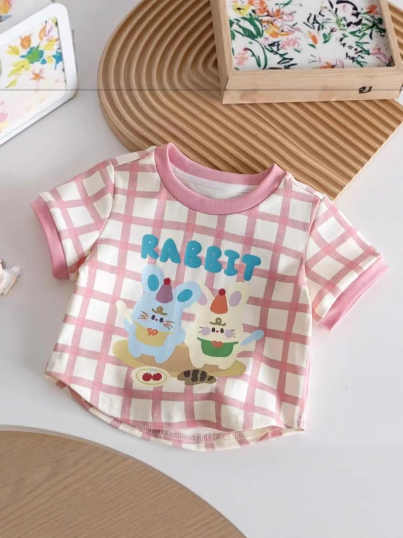 Cartoon Foreign Style Cute Girl Baby Cute Polka Dot Plaid Contrast Stitching Short-Sleeved T-Shirt Top - Image 5
