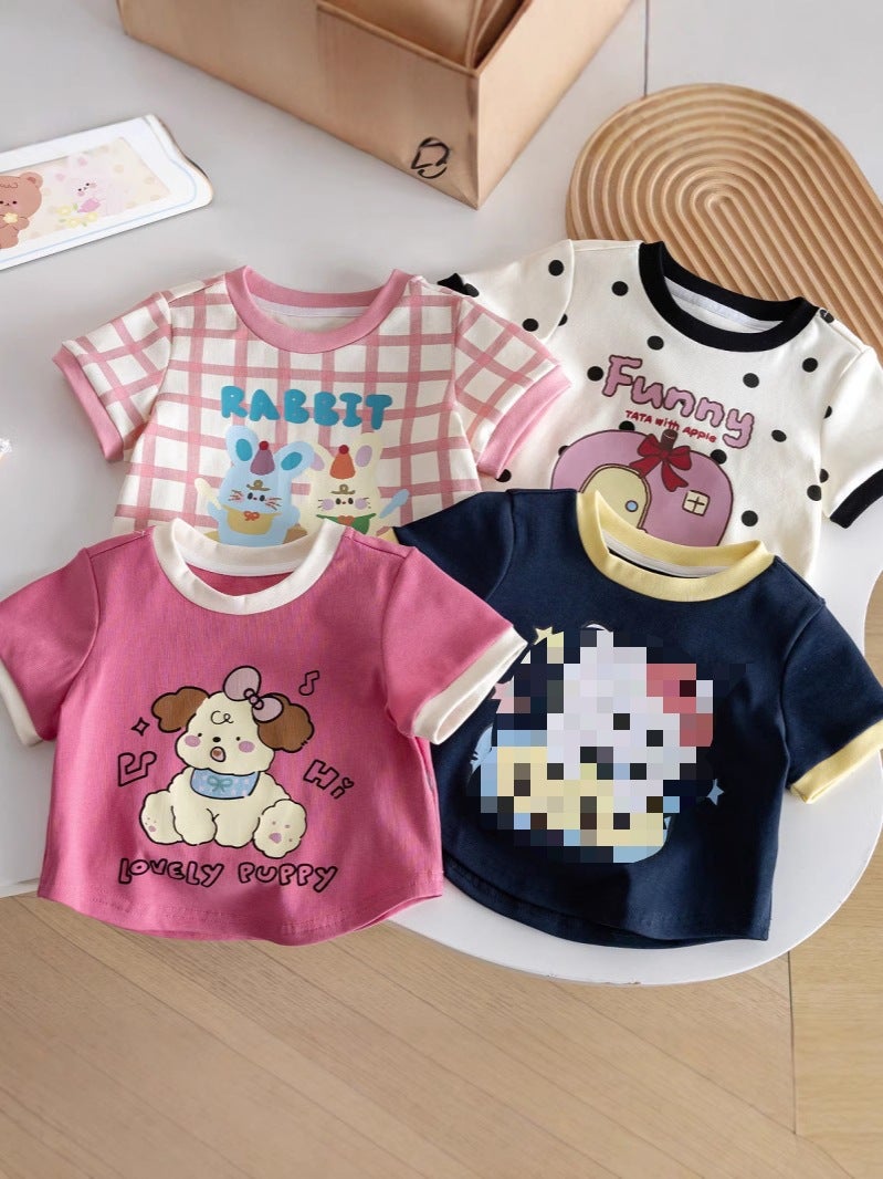 Cartoon Foreign Style Cute Girl Baby Cute Polka Dot Plaid Contrast Stitching Short-Sleeved T-Shirt Top - Image 2