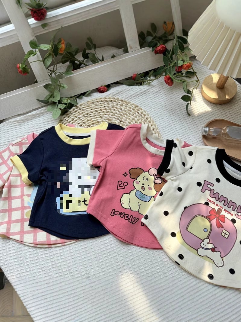 Cartoon Foreign Style Cute Girl Baby Cute Polka Dot Plaid Contrast Stitching Short-Sleeved T-Shirt Top - Image 3