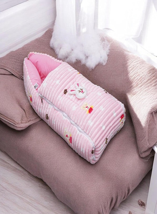 فوي دروب كيس نوم للأطفال من فوي دروب، ناعم ومخملي، عش حمل للأطفال حديثي الولادة مع غطاء رأس وسحاب، غطاء دافئ للأطفال الرضع لفصل الشتاء، والسفر، وعربة الأطفال، والاستخدام المنزلي، تصميم أرنب، مريح للأولاد والبنات (وردي داكن) - Image 2