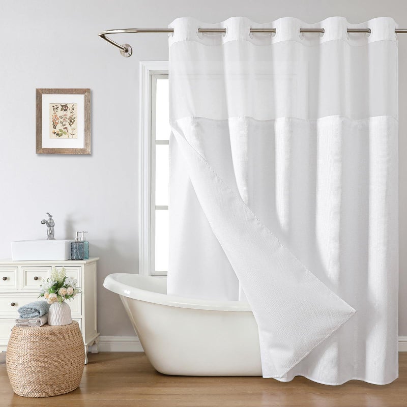 eachope No Hook Waffle Weave Shower Curtain with Snapin Fabric Liner SetWhite Shower Curtains for Bathroom with See Through Top WindowWater Repellent  Washable71Wx74H