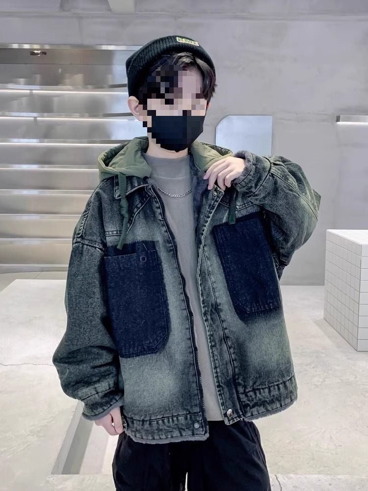 Children'S Wear Boy'S Autumn Coat Fleece-Lined Style Big Boy'S Pi Shuai Fleece-Lined Denim Fashion - Image 5