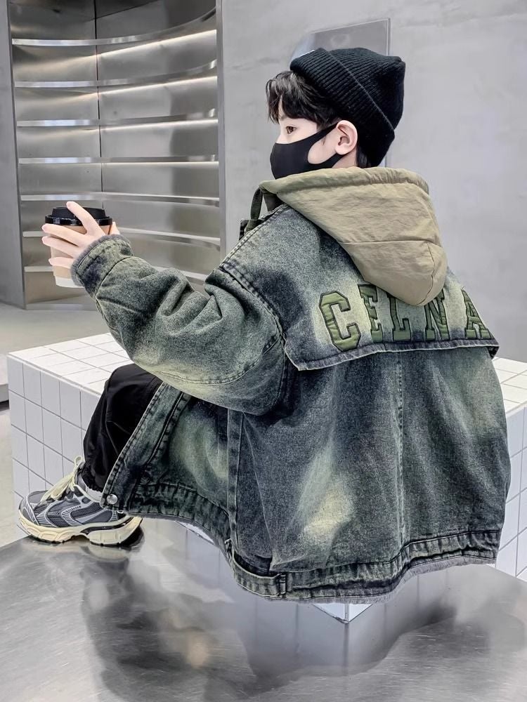 Children'S Wear Boy'S Autumn Coat Fleece-Lined Style Big Boy'S Pi Shuai Fleece-Lined Denim Fashion - Image 2