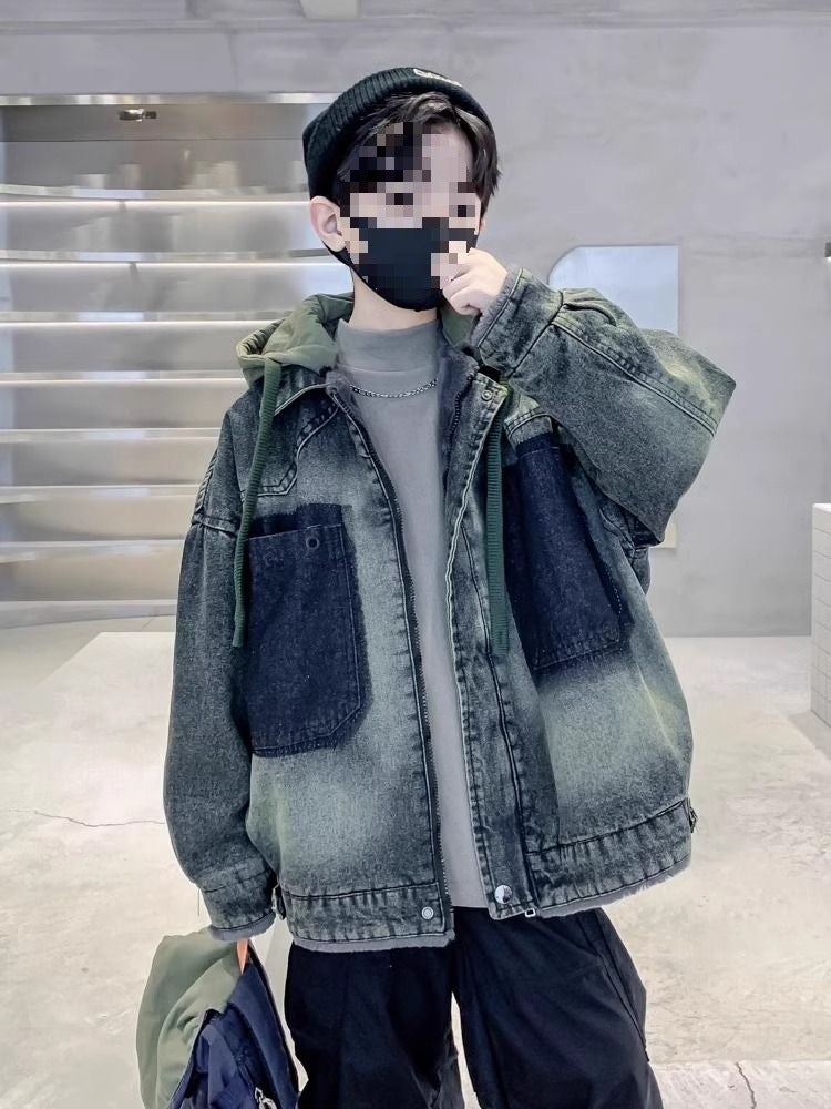 Children'S Wear Boy'S Autumn Coat Fleece-Lined Style Big Boy'S Pi Shuai Fleece-Lined Denim Fashion - Image 3