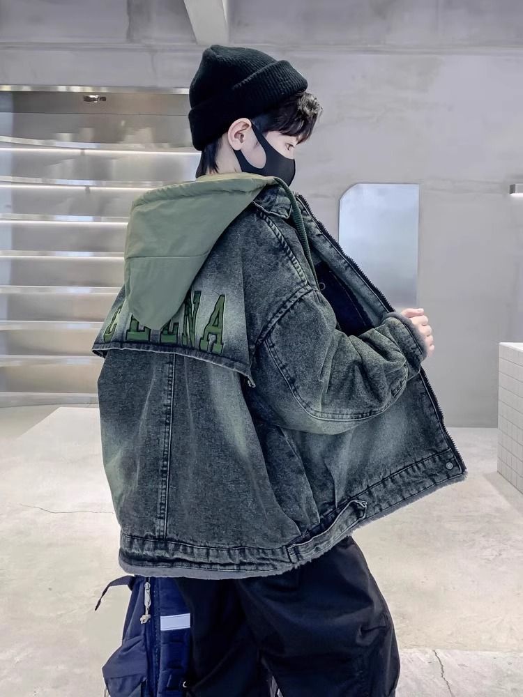 Children'S Wear Boy'S Autumn Coat Fleece-Lined Style Big Boy'S Pi Shuai Fleece-Lined Denim Fashion - Image 4