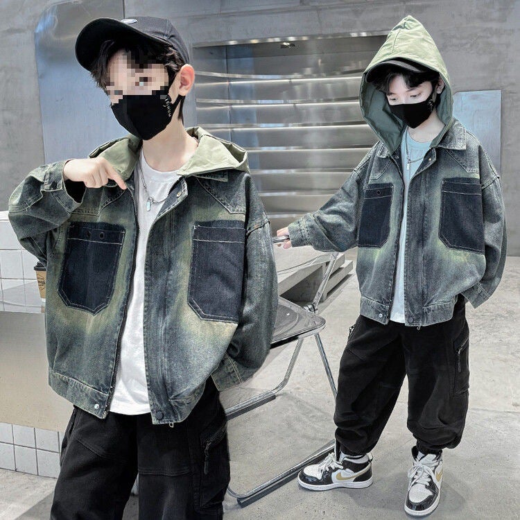 Children'S Wear Boy'S Autumn Coat Fleece-Lined Style Big Boy'S Pi Shuai Fleece-Lined Denim Fashion - Image 1