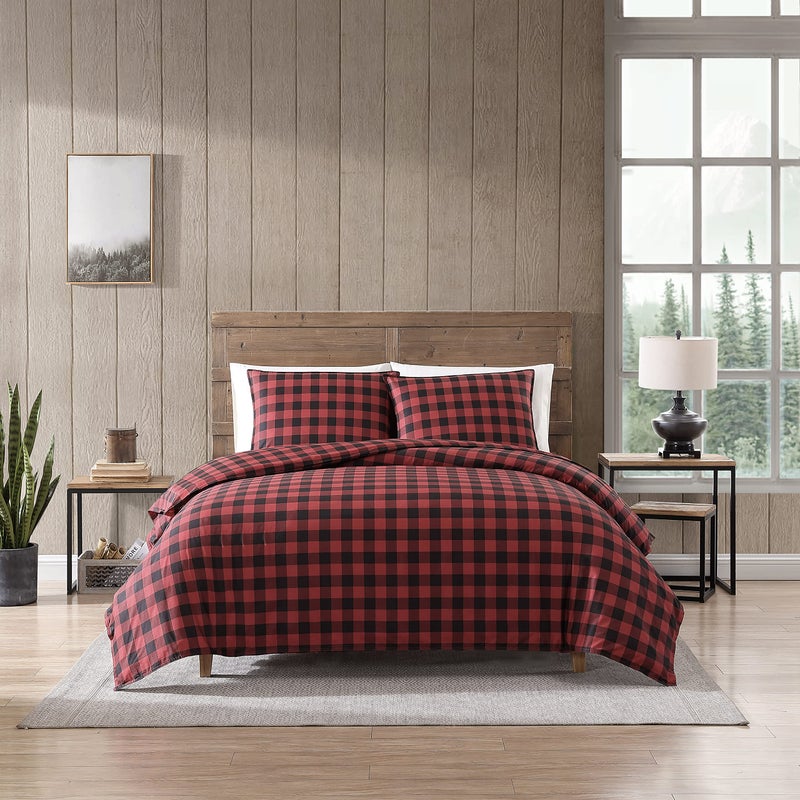 Eddie Bauer Queen Comforter Set Cotton Reversible Bedding Buffalo Plaid Home Decor for All Seasons RedBlack Queen