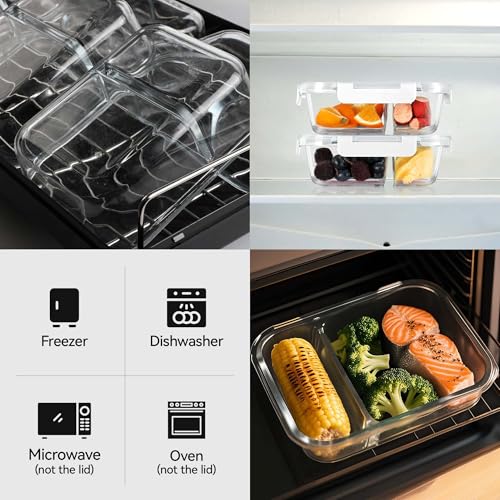 BAYZZ 5 Pack 35 Oz Glass Meal Prep Containers 2 Compartments, Glass Storage Containers with Lids, Airtight Lunch Bento Boxes, BPA-Free, Microwave and Freezer Safe,White - Image 3