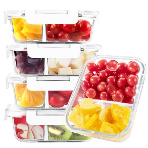 BAYZZ 5 Pack 35 Oz Glass Meal Prep Containers 2 Compartments, Glass Storage Containers with Lids, Airtight Lunch Bento Boxes, BPA-Free, Microwave and Freezer Safe,White - Image 1