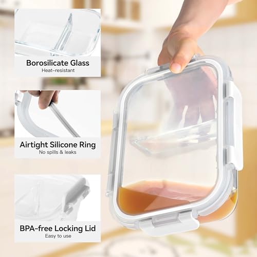 BAYZZ 5 Pack 35 Oz Glass Meal Prep Containers 2 Compartments, Glass Storage Containers with Lids, Airtight Lunch Bento Boxes, BPA-Free, Microwave and Freezer Safe,White - Image 2