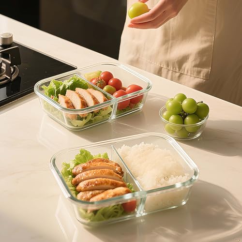 BAYZZ 5 Pack 35 Oz Glass Meal Prep Containers 2 Compartments, Glass Storage Containers with Lids, Airtight Lunch Bento Boxes, BPA-Free, Microwave and Freezer Safe,White - Image 4