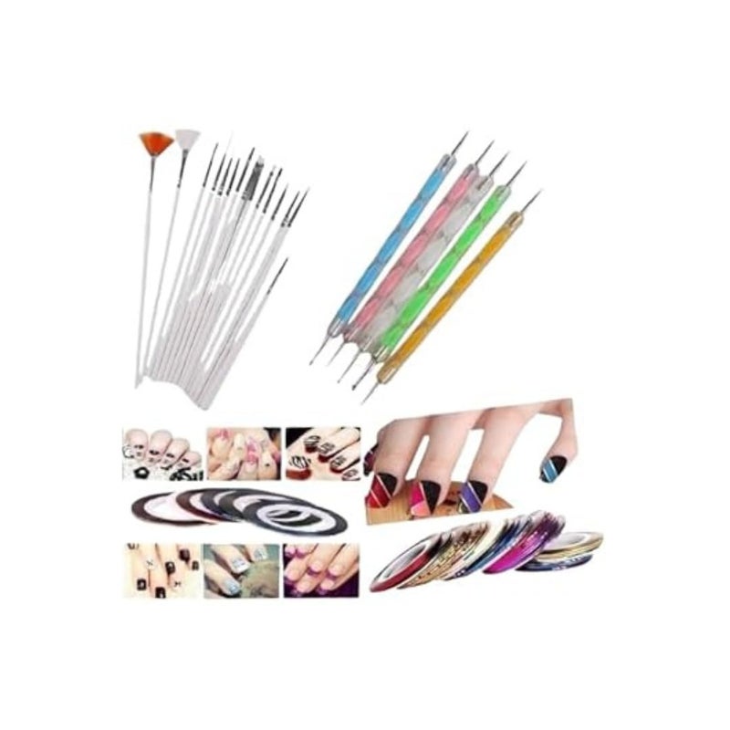MF® 3d Nail Art Pen & Brush Painting Polish Design Kit 15 Nail Brushes,5 Nail Dotting Pen,10 Adhesive Nail Striping Tape (30 Pcs) - Image 1