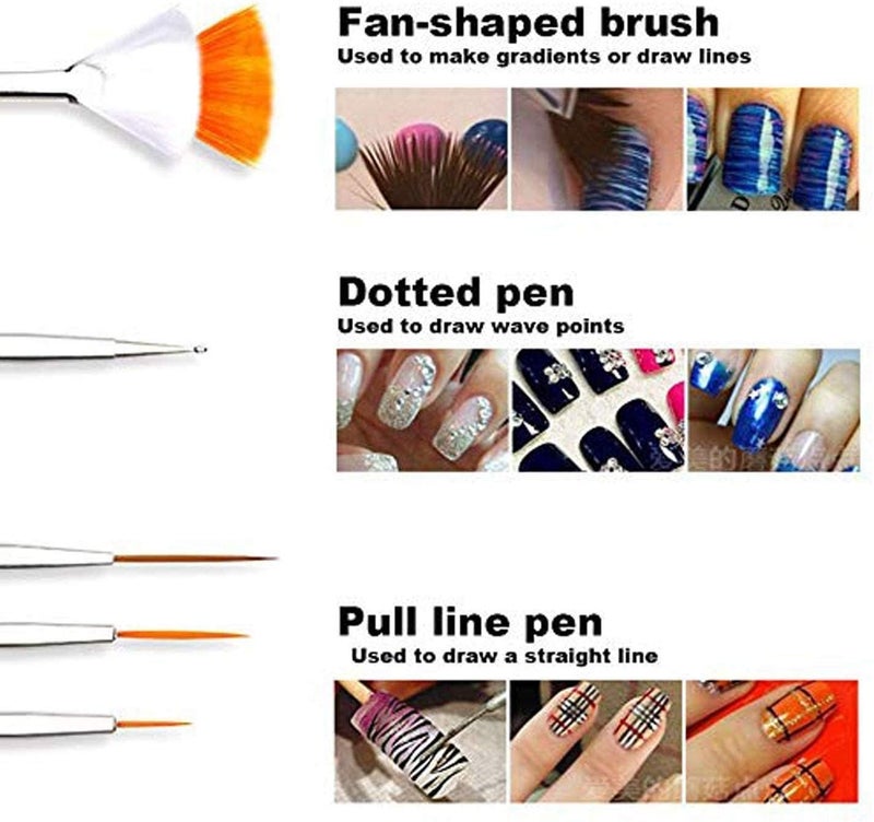 MF® 3d Nail Art Pen & Brush Painting Polish Design Kit 15 Nail Brushes,5 Nail Dotting Pen,10 Adhesive Nail Striping Tape (30 Pcs) - Image 3