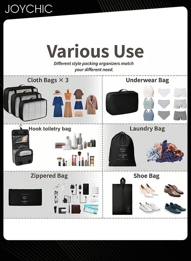 Joychic 8 Piece Travel and Business Trip Packing Cubes for Suitcases Lightweight Trip Essential Saving Space Storage Bag Set with Toiletries Bag for Clothes Shoes Cosmetics Toiletries Black  - Image 4