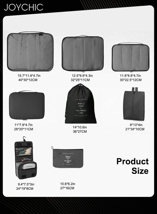 Joychic 8 Piece Travel and Business Trip Packing Cubes for Suitcases Lightweight Trip Essential Saving Space Storage Bag Set with Toiletries Bag for Clothes Shoes Cosmetics Toiletries Black  - Image 5