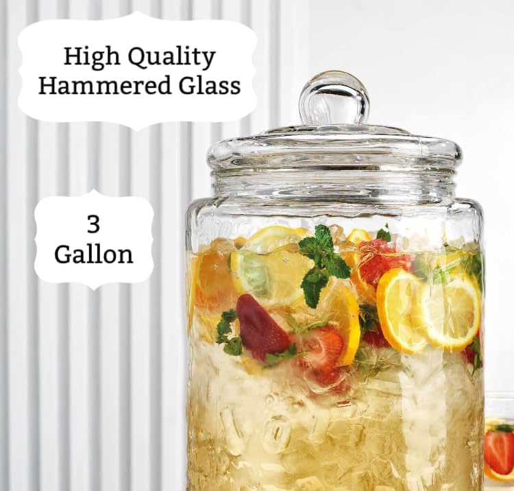 MosJos HC Classic Hammered Glass Ice Cold Beverage Drink Dispenser - 3 Gallon, With Glass Lid and Antique Metal Stand, 100% Leak Proof Spigot- Wide Mouth Easy Filling For Outdoor, Parties & Daily Use - Image 3