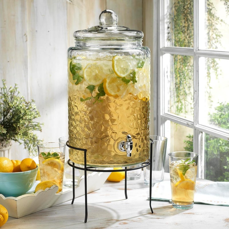 MosJos HC Classic Hammered Glass Ice Cold Beverage Drink Dispenser - 3 Gallon, With Glass Lid and Antique Metal Stand, 100% Leak Proof Spigot- Wide Mouth Easy Filling For Outdoor, Parties & Daily Use - Image 1
