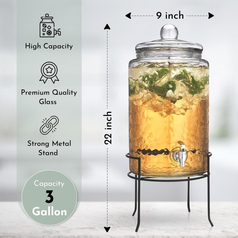 MosJos HC Classic Hammered Glass Ice Cold Beverage Drink Dispenser - 3 Gallon, With Glass Lid and Antique Metal Stand, 100% Leak Proof Spigot- Wide Mouth Easy Filling For Outdoor, Parties & Daily Use - Image 2