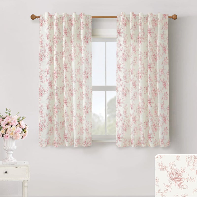 Lino Rosa Short Sheer Curtains for Kitchen Window Over Sink,Pink Floral Patterned Linen Printed Vintage Cafe Curtains for Bathroom 45 Inch Length Set of 2 Panels - Image 1