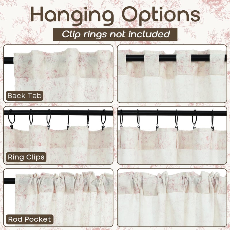 Lino Rosa Short Sheer Curtains for Kitchen Window Over Sink,Pink Floral Patterned Linen Printed Vintage Cafe Curtains for Bathroom 45 Inch Length Set of 2 Panels - Image 5