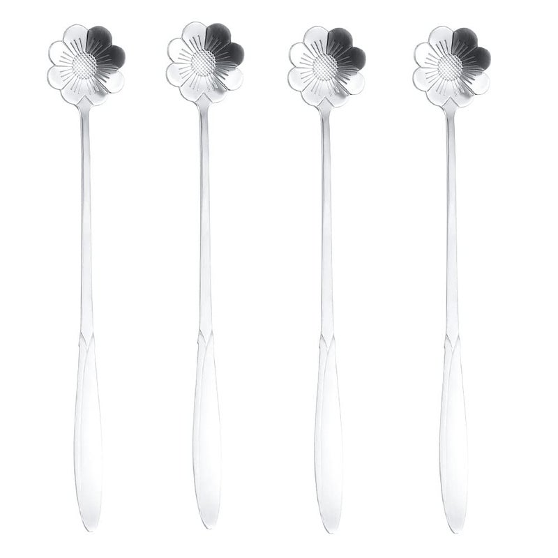 SZLFSX 16 Pieces Flower Spoon Coffee Teaspoon 7 Inch Stainless Steel Long Handle Spoon Stir Bar Spoon Stirring Spoon Ice Cream Spoon Silver Cosmos Flower Shaped - Image 1
