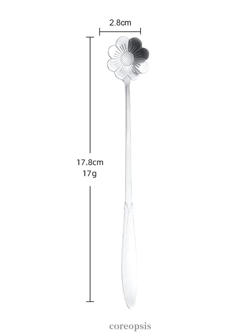 SZLFSX 16 Pieces Flower Spoon Coffee Teaspoon 7 Inch Stainless Steel Long Handle Spoon Stir Bar Spoon Stirring Spoon Ice Cream Spoon Silver Cosmos Flower Shaped - Image 2