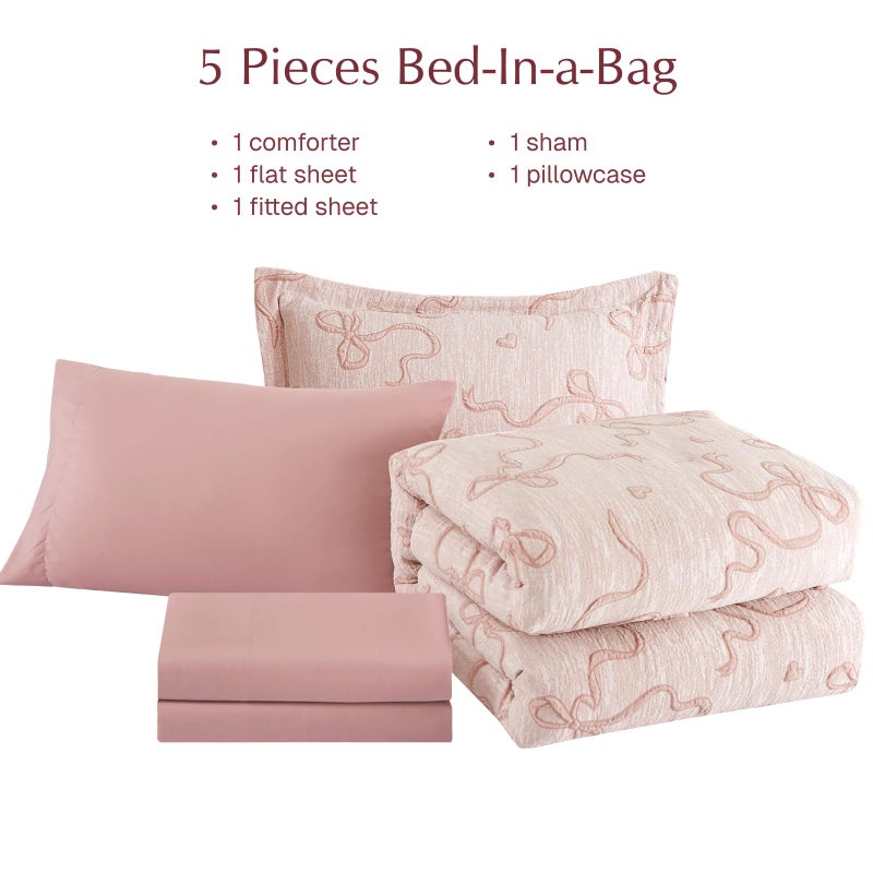 Geniospin Pink Twin Comforter Set for Girls- 5 Pieces Bowknot Jacquard Bed in A Bag Twin Bedding Sets with Sheets, Pillowcases & Shams, All Season Kids Comforter Set - Image 5