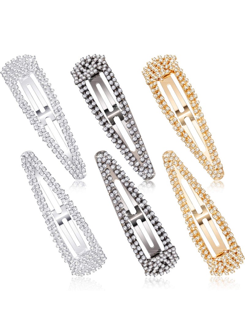 WILLBOND 6 Pieces Rhinestone Hair Clips 3 Inch Snap Hair Barrettes Bridal Hair Barrettes Pins for Women Girls Wedding Hairpins Hair Accessories Black Silver Gold 
