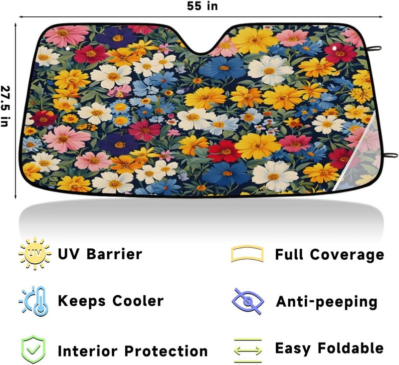 Boho Wildflower Car Windshield Sunshade, Foldable Sun Shield Keep Your Vehicle Cool, Colorful Flower - Image 3